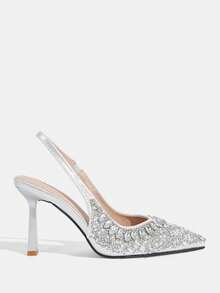 CUCCOO TILAWA Women's Pointed Toe Rhinestone Embellished High Heel Silver Sandals For Vibe And Spring Shoes Spring Break Easter Prom Heels For Christmas - Silver - View 3