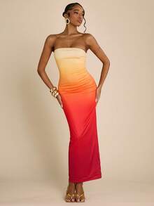 SHEIN BAE 渐变印花无肩带修身长款连衣裙，性感音乐节及约会之夜连衣裙，度假连衣裙 - 橘色 - 查看 4