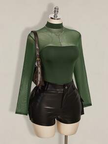 SHEIN ICON Plus Size Y2K Sexy Mesh Patchwork Bodysuit - Green - View 9