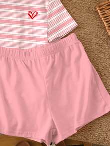 2pcs Tween Girls Casual Striped Heart Print Short Sleeve Top And Shorts Set, Suitable For Spring/Summer, Suitable For School - Multicolor - View 5