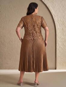 Reflora Vestido elegante de talla grande para mujer con parches, bordados y malla, con dobladillo plisado - Óxido marrón - Ver 3