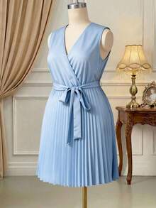 Rometta Plus Size Solid Color Pleated Hem Wrap Dress With Waist Belt - Blue - View 4