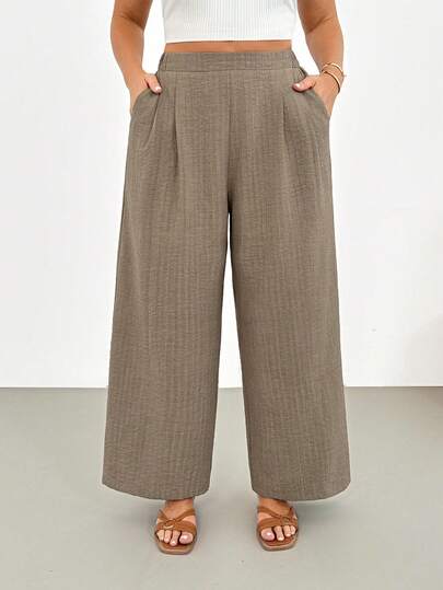 Shapeblank Pantalones anchos de talle elástico con estampado de cuadros retro marrón, cómodos y sueltos para uso diario, ropa de otoño e invierno para mujer de talla grande
