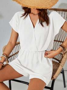 EMERY ROSE 女士夏季度假纯色编织连体裤，V领短袖，女士夏季服装，连体裤，女士夏季度假服装，女士连身裤，女士连体裤，女士连身裤，女士夏季连身裤 - 白色 - 查看 3