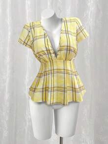 Sunspun 大码复古粉色格子衬衫，可爱修身格子条纹休闲舒适衬衫 - 鵝黃色 - 查看 6