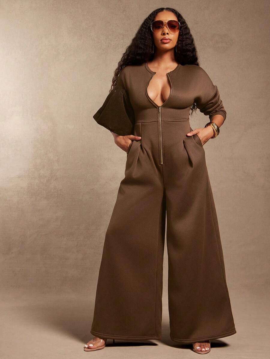 Vixey Heavy Weight Fleece Sweatshirt Long Sleeve Wide Leg Jumpsuit - Brown - View 1