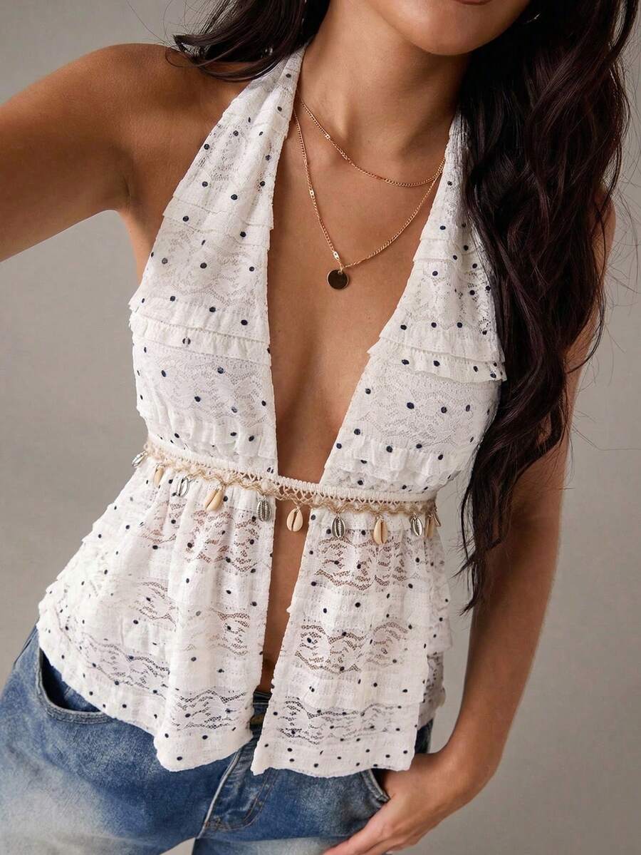 SHEIN BAE 女士露背系带波点印花时尚百搭约会派对上衣 - 黑與白 - 查看 1