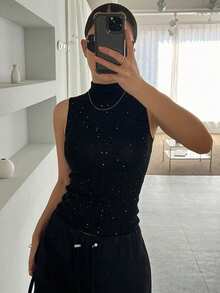 DAZY Women's Turtleneck Slim Fit Sequin Camisole - Black - View 5
