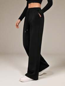 SHEIN Tall Black Drawstring Waist Oblique Pocket Casual Women Sports Pants - Black - View 4