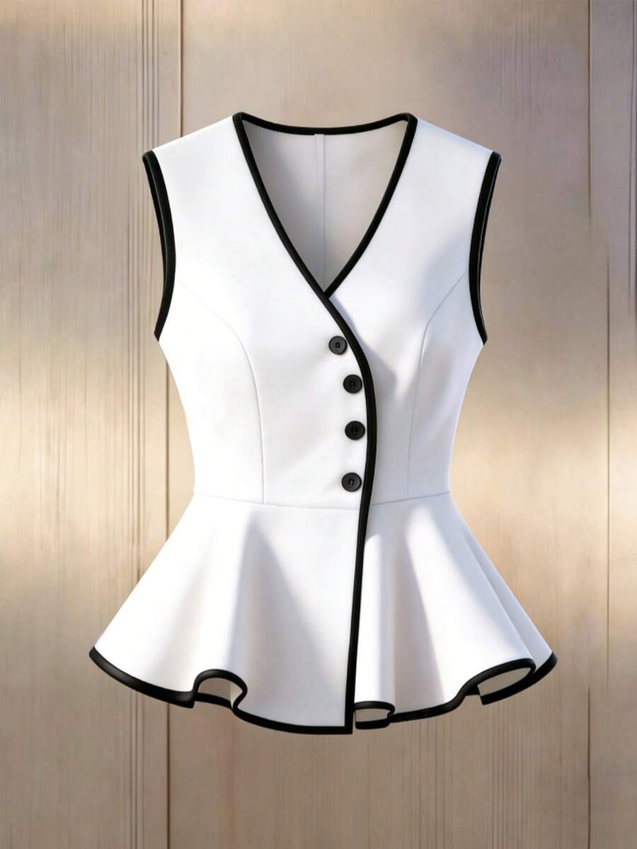 SHEIN PETITE 女士白色黑色V领不对称单排扣荷叶边下摆时尚休闲无袖衬衫，优雅显瘦，春夏款 - 白色 - 查看 1