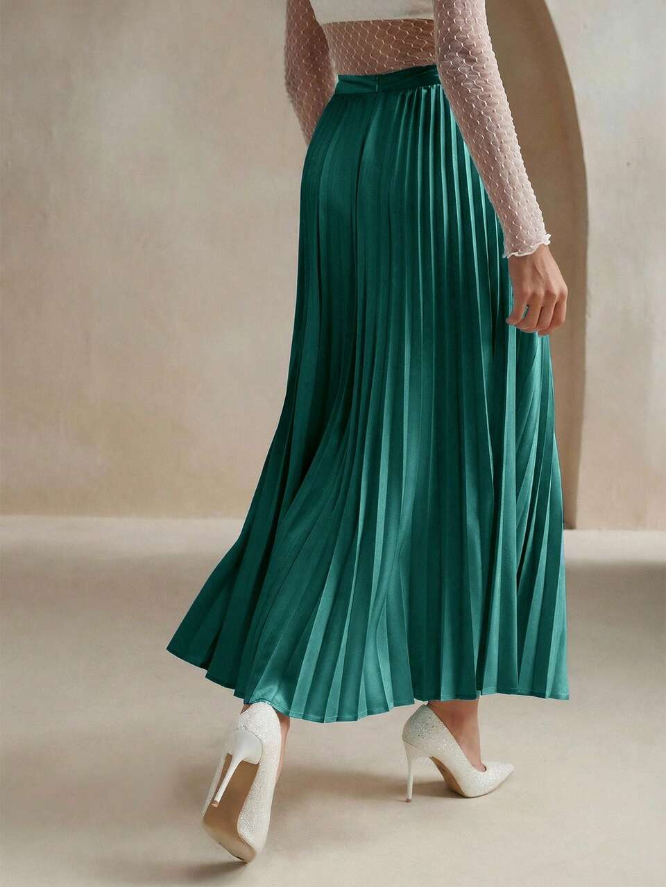 Anewsta Women's Solid Color Elegant Pleated Skirt Maxi Women