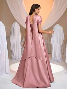 Aureia Đầm dạ hội sang trọng, quý phái màu hồng satin, đính kim cương thủ công, vai rộng, xếp ly, chân váy dài thướt tha, dành cho nữ. - Bụi hồng - Xem 4