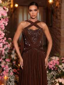 Glamrae Đầm maxi sang trọng, thanh lịch với họa tiết hoa ren đính cườm và sequin, chất liệu co giãn, xếp nếp, thích hợp cho đám cưới, tiệc tùng, kỳ nghỉ, dạ hội và các dịp trang trọng. - Cà phê nâu - Xem 2