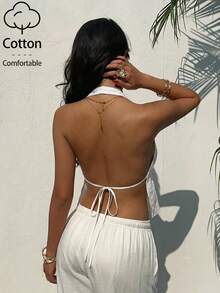 Aloruh Blouse décontractée de vacances pour femmes avec broderie œillet, Top de plage, Top d'été/Débardeur dos nu sexy - Blanc - Voir 5
