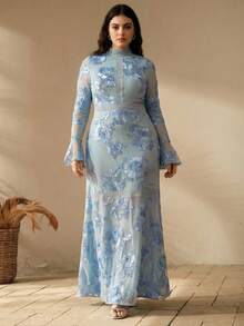 Anewsta 大码女式蓝色浪漫优雅立领喇叭袖花卉刺绣网纱修身长裙，拼接蕾丝缎带装饰，适合日常、度假、派对、情人节、婚礼等场合。 - 藍色 - 查看 4