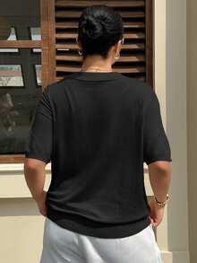 Livesso Curve Áo len tay ngắn cổ bẻ kẻ sọc dáng rộng, kiểu dáng thường ngày. - màu đen - Xem 2