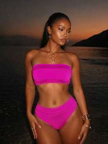 Conjunto De Traje De Baño De Dos Piezas De Color Liso - Rosa Fucsia - Ver 1