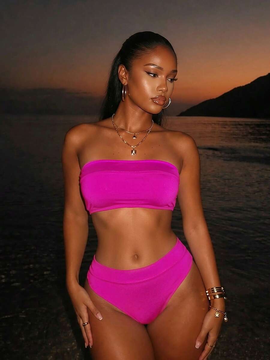 Conjunto De Traje De Baño De Dos Piezas De Color Liso - Rosa Fucsia - Ver 1