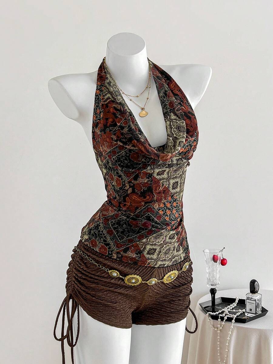 Sweetra Women's New Mesh Floral Print Halter Backless Sexy Camisole Top, Suitable For Vacation, Gathering, Party In Spring, Summer And Autumn - Multicolor - View 1