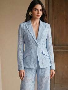 Anewsta 优雅镂空随机提花花卉设计休闲薄款百搭女士套装，适合春夏穿着，亦可作为女士度假装束。 - 藍色 - 查看 5