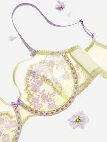 LUVLETTE Áo ngực Soft Woman Lingerie thoáng khí, có gọng, gợi cảm, không lót, giúp thu nhỏ vòng ngực, màu xanh lá nhạt và tím, ren hoa và lưới xuyên thấu, thích hợp cho đám cưới. - màu xanh lá - Xem 5