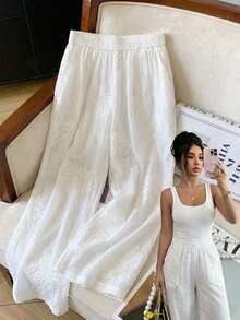 GlowEve 女士白色高档刺绣面料弹力腰宽松阔腿裤，优雅精致，适合情人节、复活节、劳动节、生日礼物、约会、派对、正式场合、教师装、旅行、春夏穿着。 - 白色 - 查看 1