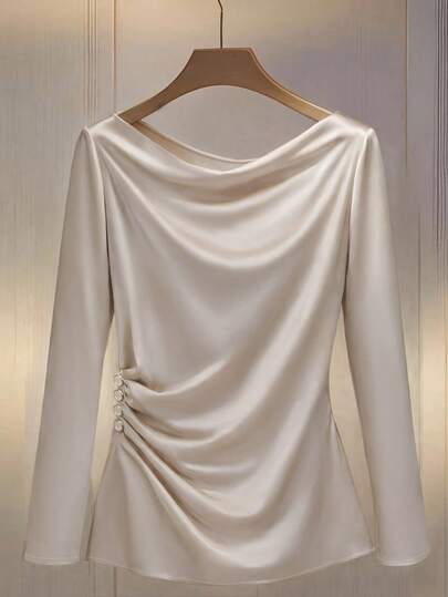 GlowEve CURVE Plus Size Women's Shiny Fabric Long Sleeve Shirt, Versatile For Commuting, Side Pleated Design With Buttons