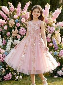 Vestido de fiesta sin mangas con collar de perlas rosa y malla con flores 3D, adecuado para fiestas y festivales - Rosa - Ver 1
