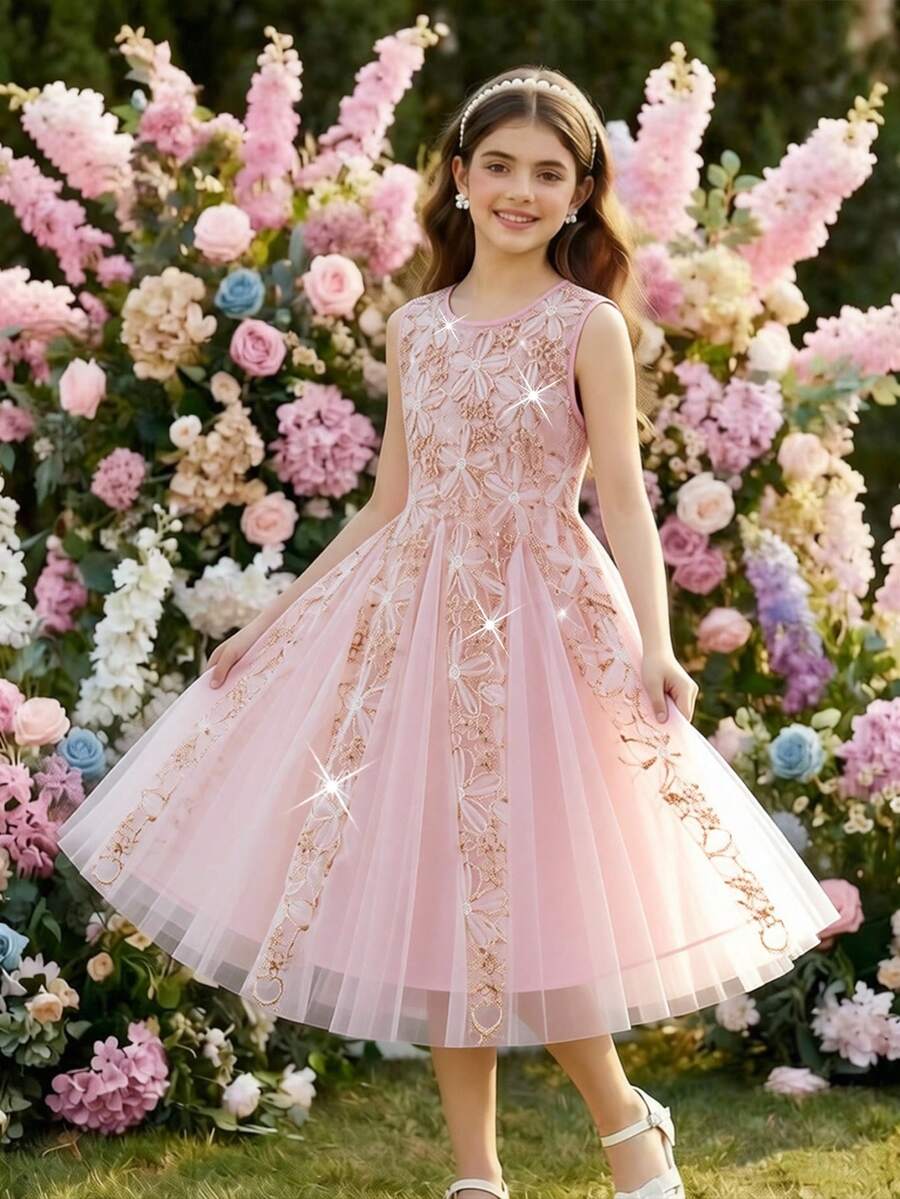 Vestido de fiesta sin mangas con collar de perlas rosa y malla con flores 3D, adecuado para fiestas y festivales - Rosa - Ver 1