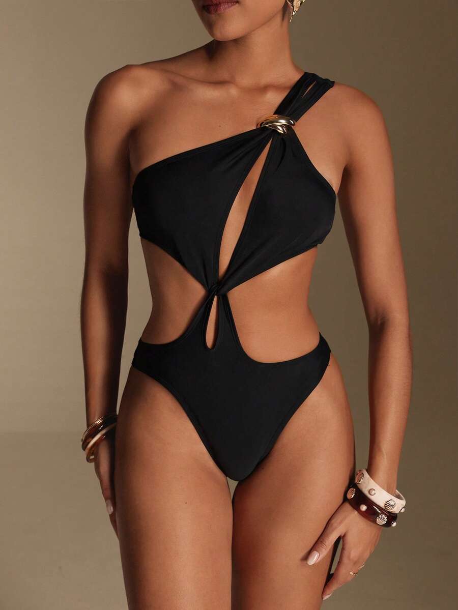 Swim Vcay Traje de baño de una pieza con diseño calado para vacaciones de verano de mujer - Negro - Ver 1