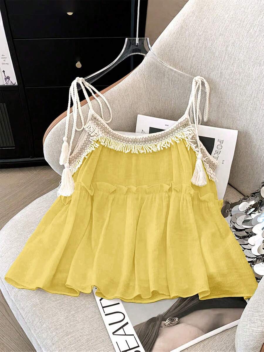 Franclia Áo tank top dáng rộng, thanh lịch, màu be, dây mảnh, phối tua rua, viền bèo nhún, thích hợp cho kỳ nghỉ xuân/hè của nữ. - Màu vàng - Xem 1