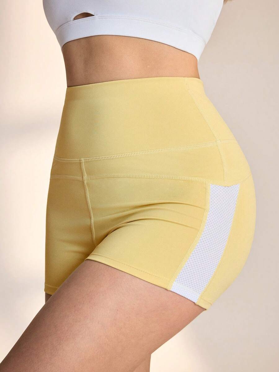 WanderVale Women's High Waist Fitted Contrast Color Splice Shorts - Yellow - View 1