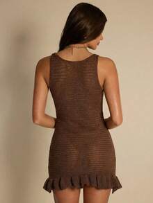 Silquee SHEIN BAE Women's Sequin Fashionable Date Night Party Knit Camisole Dress,Spring/Summer New Arrival: Brown Shimmering Sequined Embroidered Ruffled Hem Dress. Perfect For Beach Vacations, Beach Trips, Beach Parties, Dates, Nightclubs, Picnics, Parties, Music Festivals, Brunch, And Other Occasions. - Coffee Brown - View 4