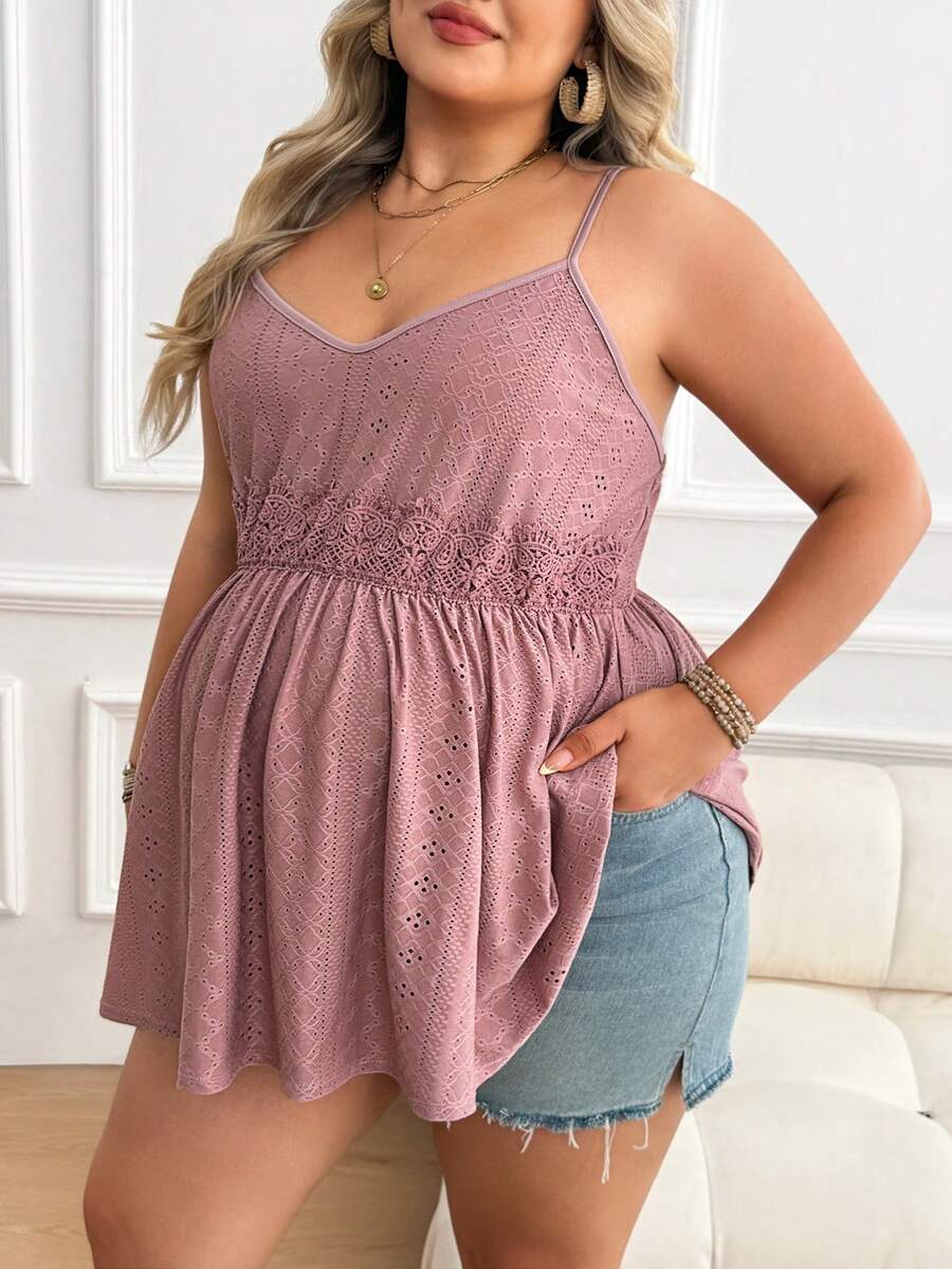 Plussiva Plus Size Maternity Contrast Lace Ruffle Hem Camisole Babydoll Tops Plus Size Cami Top For Women Babydoll Top For Women - Dusty Pink - View 1