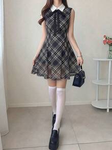 FRIFUL 女士常规领格子无袖A字腰连衣裙 - 棕色 - 查看 7