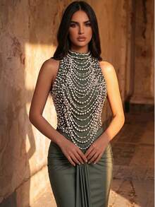 Glamrae 优雅奢华珍珠串珠花卉拼接弹力针织褶皱美人鱼裙泳衣，适合婚礼、派对、度假、舞会礼服（厚款） - 草綠色 - 查看 2