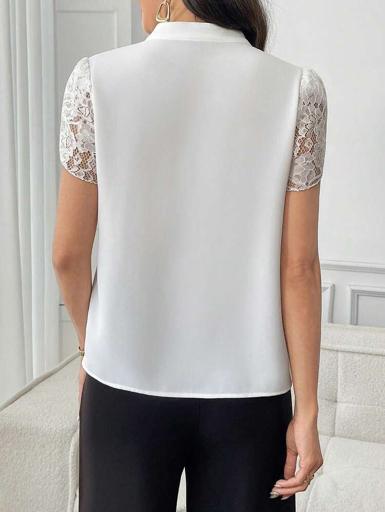 Women's Fashionable Elegant Solid Color Petal Sleeve Keyhole Neck Blouse,Summer Top,Summer Tops White Tops For Women Dressy Elegant Shirts For Women Blouse For Women Elegant Classy Business Casual Women Tops White Lace Sleeve Top,  Elegant Tops For Ladies,Work Wear Women,White Tops