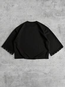 ROMWE MEN Street Life Men's Rivet Decor Loose Printed T-Shirt, 3/4 Sleeve - Black - View 3