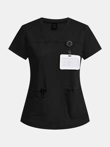 TaskEZ Solid Color V-Neck Short Sleeve Pocket Scrub Uniform Top - Multicolor - View 7