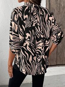 Rafferiza Women's Elegant Beige Zebra Print Top,Short-Sleeved Summer Shirt With Drawstring Neckline,Butterfly Raglan Sleeves,Casual Work And Business Attire - Multicolor - View 3