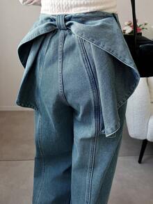 FRIFUL Women's Solid Color Twist Pocket Casual Jeans - Blue - View 5