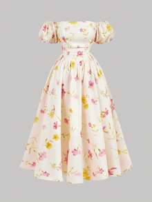 SHEIN MOD Plus Size Vintage Floral Print Off-Shoulder Puff Sleeve Long Dress,Multicolor Summer Curve Party Gown, Ruched A-Line Flowing Picnic Beachwear - Yellow - View 7