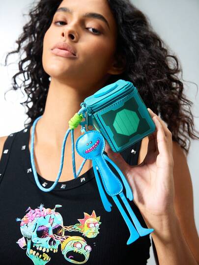 Rick and Morty X SHEIN 1 Square Pu Leather Change Bag, Equipped With Villain Pendant And Neck Lanyard, Mini Bag, Bag Pendant, Can Store Change, Coins, Lipstick, Cards And Other Small Items, Suitable For Teenagers, Women, Men, Mr. Meeseeks, Portal