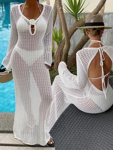 Livesso Áo khoác ngoài dài tay ôm sát người, cổ chữ V sâu, hở lưng, chất liệu vải có họa tiết, hơi xuyên thấu, dành cho nữ, thích hợp mặc đi biển hoặc mặc ngoài đồ bơi. - Màu be - Xem 2