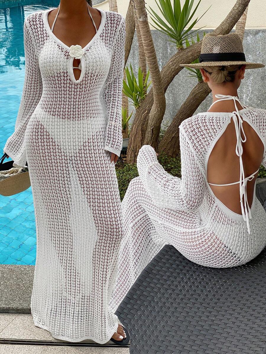 Livesso 女士深V领露背长袖修身纹理面料半透明超长沙滩罩衫泳衣 - 米色 - 查看 1