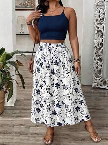 SHEIN LUNE Plus Size Women's Casual Vacation Style Allover Print Elastic Waist Skirt, Spring/Summer/Autumn - Multicolor - View 3