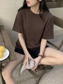 DAZY 女士纯色圆领宽松长袖短袖T恤衫（夏季款） - 咖啡棕 - 查看 8