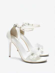 11.3厘米超高跟白色新娘凉鞋,优雅花卉图案,时尚百搭,饰有仿珍珠鞋带,适合春夏穿着。 - 白色 - 查看 3