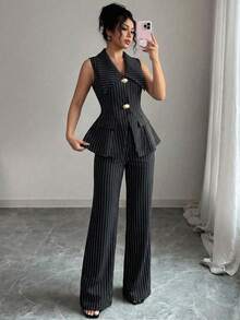 SHEIN Elenzya 女士条纹金属扣上衣和裤子休闲日常套装 - 黑與白 - 查看 4