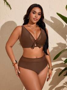 SHEIN Swim Curve Women's Summer Black Halter Bikini Top And High Waist Shorts Swimsuit Set - Brown - View 6
